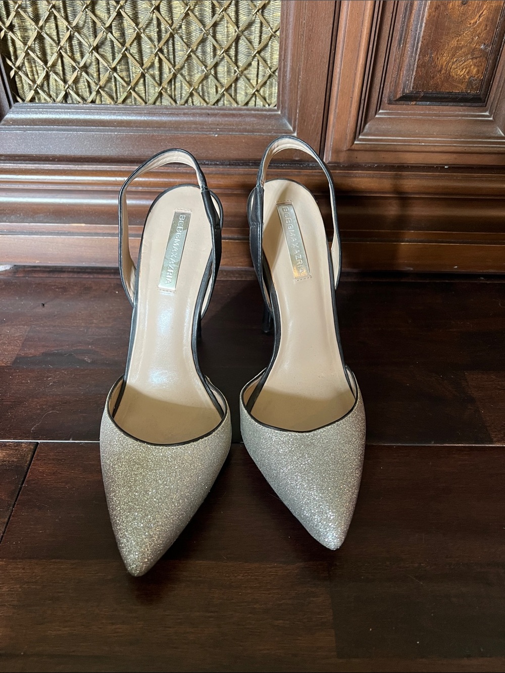 BCBGMaxAzria Silver Glitter Slingback Pointed Heels